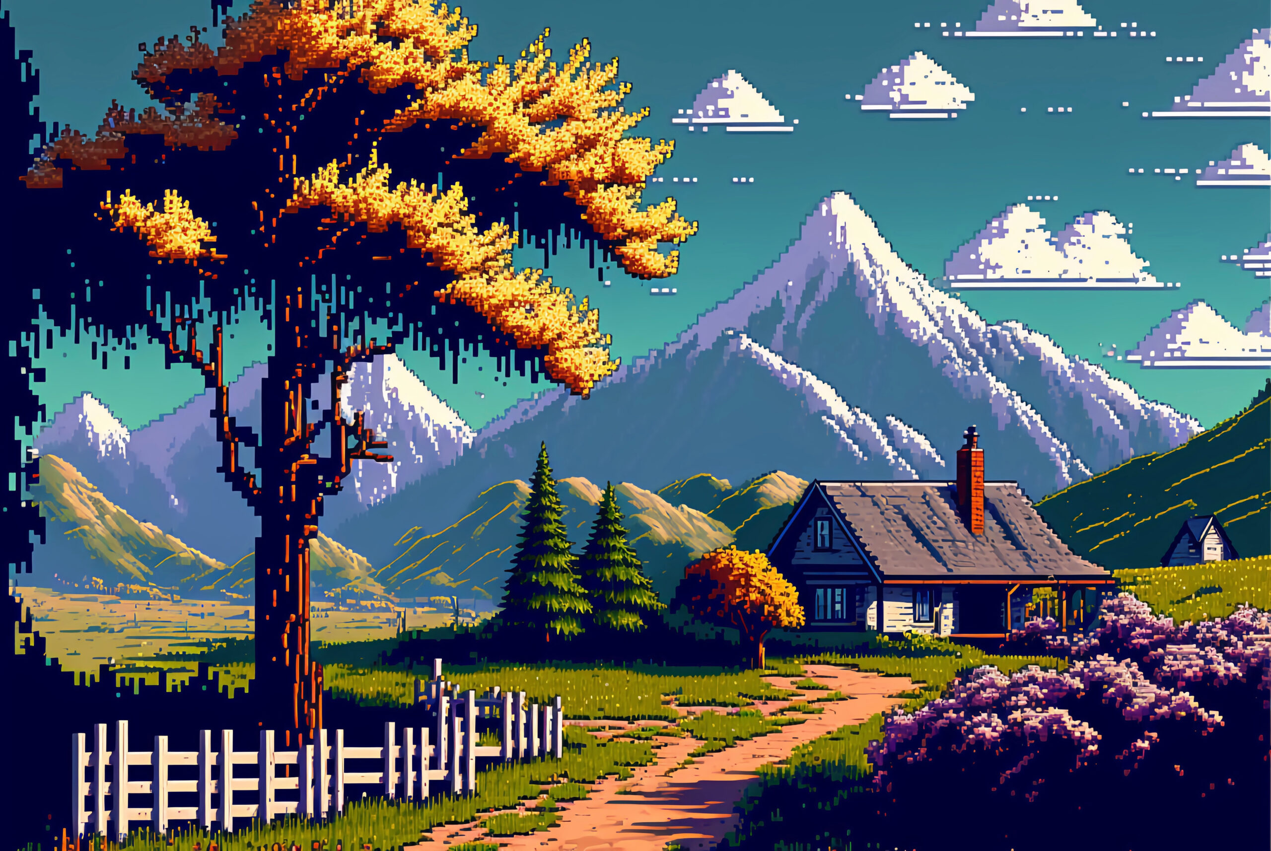 Pixel Art Landscape of a Rustic Cabin with a White Picket Fence in the Mountains at Sunset. [Sci Fi, Fantasy, Historic, Horror Scene. Generative AI. Graphic Novel, Video Game, Anime, Comic, or Manga]